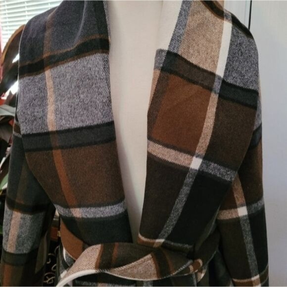 New Women's Wool Coat Couture Equestrian Preppy Luxury 2X XXL Brown Plaid - Picture 2 of 7